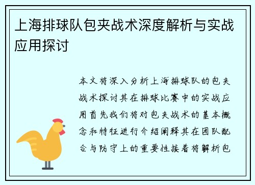上海排球队包夹战术深度解析与实战应用探讨